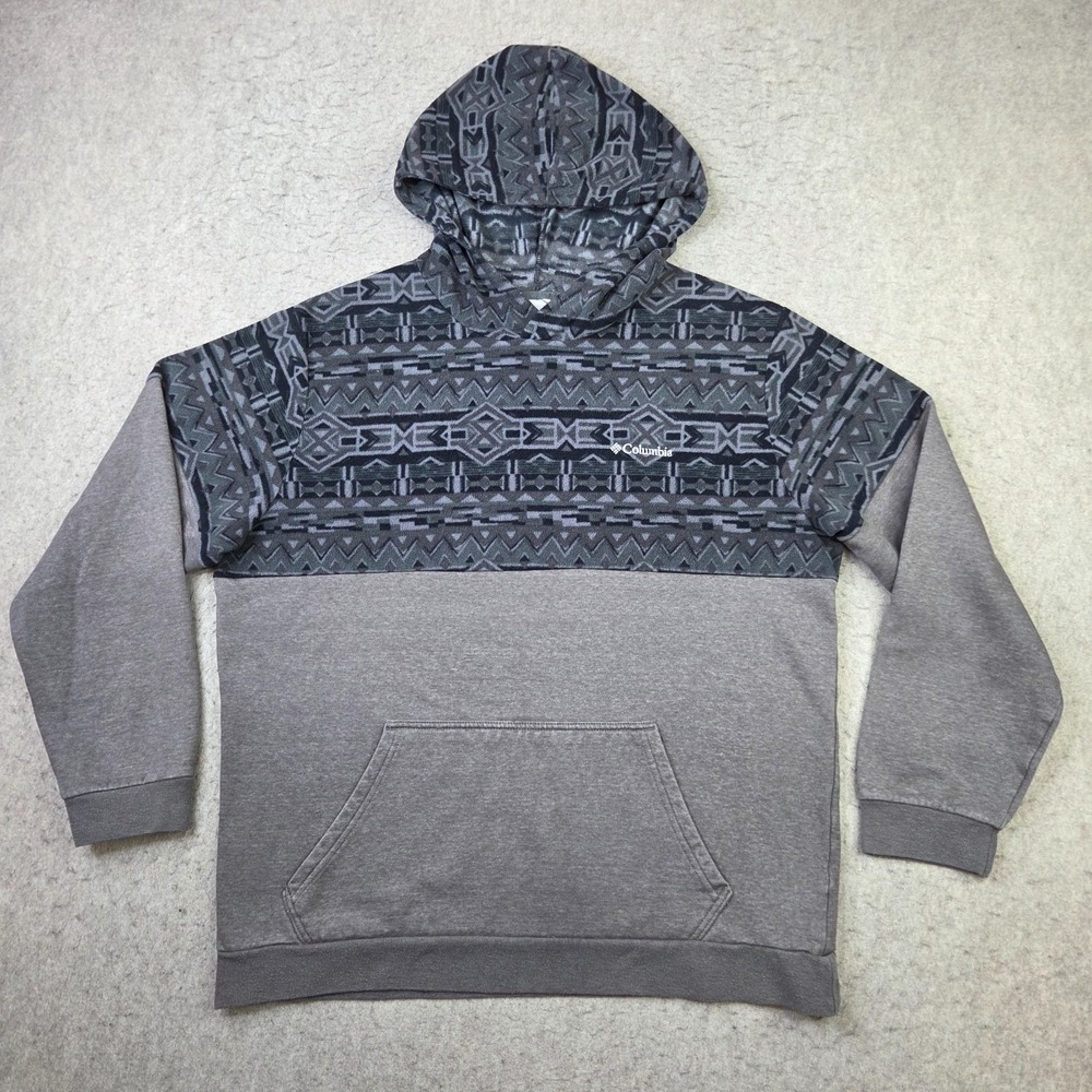Columbia Aztec Fleece Mixed Media Hoodie Mens Large Gray Geometric Pullover